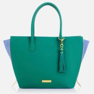 NEW! JOY & IMAN Fashionably Functional Pop Tote teal cornflower blue leather.